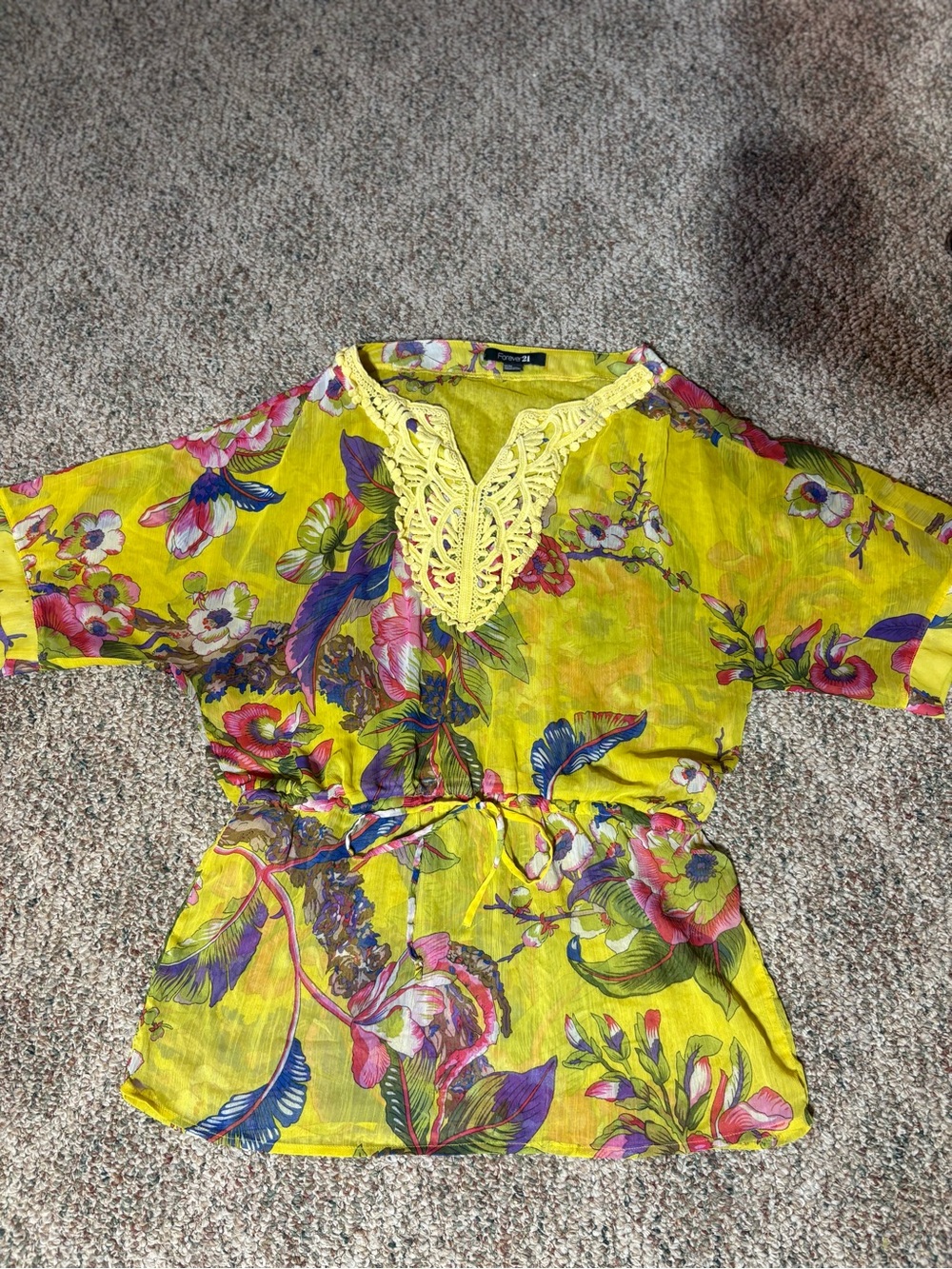 Forever 21 Yellow Tropical Floral Blouse Crochet Trim V-Neck Sheer Tunics